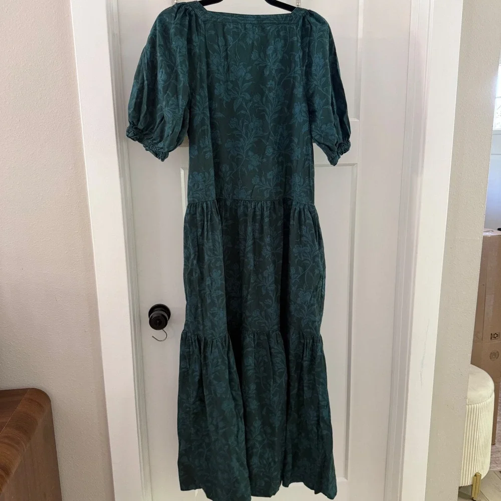 Faherty Somerset Maxi Dress Teal Floral Organic Cotton Square Neck Puff Sleeve S - Picture 4 of 8